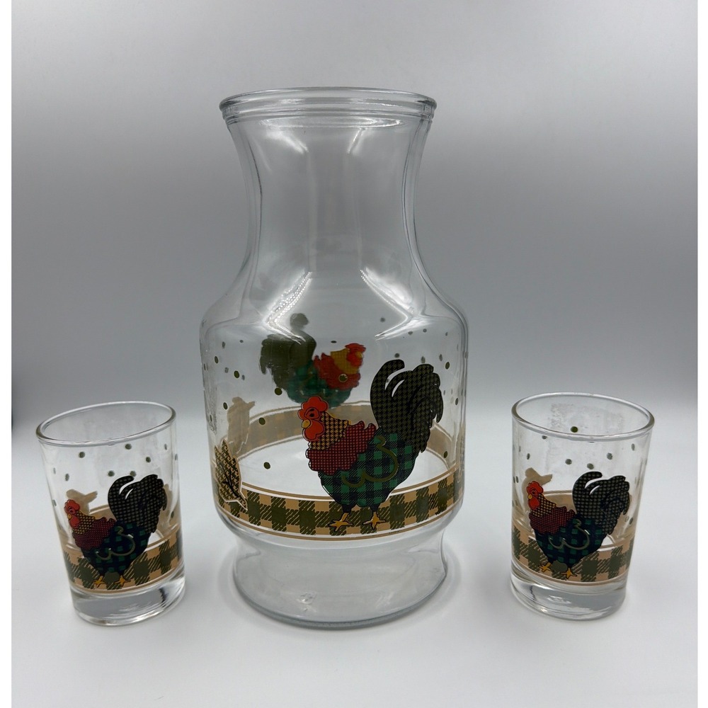 Vintage Plaid Rooster Clear Glass Juice Carafe Pitcher & 2 Juice Glasses Set